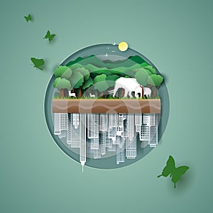 Vector paper art and digital craft style of world wildlife animal and eco green city