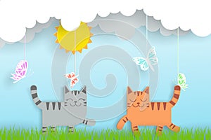 Vector paper art and landscape, digital craft style in summer with two cats, sun, cloud, and butterfly, on blue background