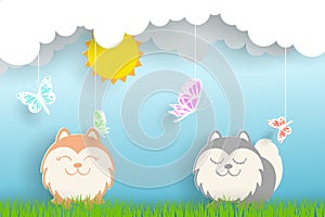 Vector paper art and landscape, digital craft style in summer with two dogs, sun, cloud, and butterfly, on blue background