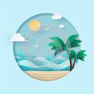 Vector paper art and landscape, digital craft style for travel, Sea with beach and coconut tree