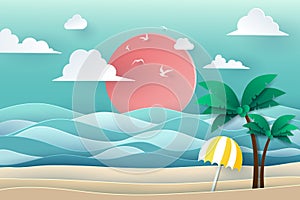 Vector paper art and landscape, digital craft style for travel, Sea, beach with umbrella and coconut tree