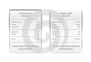 Vector paper atm check illustration. Financial receipt bill. Cafe or restaurant payment sign. Document list