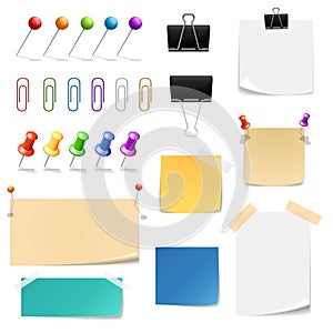Vector paper clips binders, pins and note papers