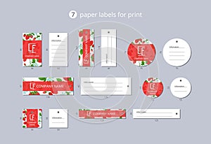 Vector paper clothing labels for print with pattern wild strawberry and flower