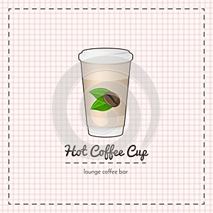 Vector paper coffee cup close up take-out coffee and cup holder with logo consisting of coffee beans and leaves