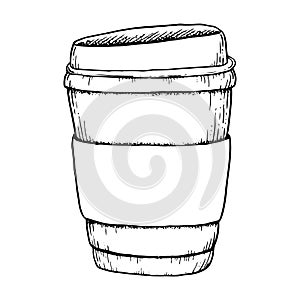 Vector paper coffee cup for takeaway black and white illustration for hot drinks with lid and cupholder. Coffee template