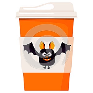 Vector paper coffee or tea cup decorated cartoon cute smiling and flying Happy Halloween black bat isolated on white