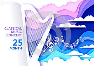 Vector paper cut craft style music composition for harp classical music concert poster banner flyer