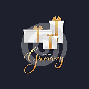 Vector paper cut giveaway banner illustration. Gold lettering text and luxury gift boxes on black background. Design poster for