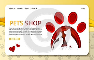 Vector paper cut pets shop landing page website template