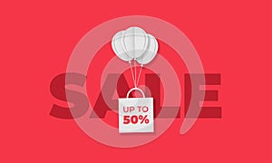 Vector paper cut sale banner. White shopping bag flying on balloons with discount text on red background with sale word. Design