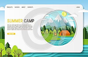 Vector paper cut summer camp landing page website template