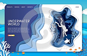 Vector paper cut underwater world landing page website template