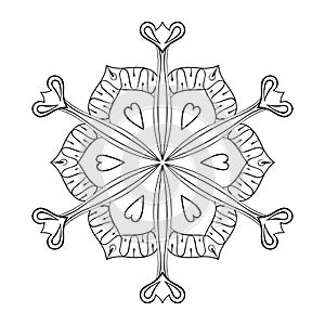 Vector paper cutout snow flake in zentangle style, doodle mandala for adult coloring pages. Ornamental winter illustration for de