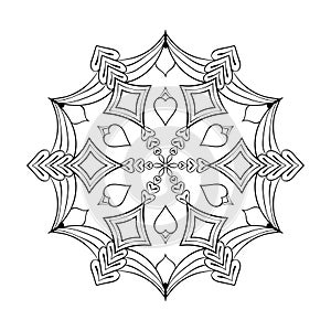 Vector paper cutout snow flake in zentangle style, doodle mandala for adult coloring pages. Ornamental winter illustration for de