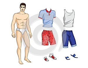 Vector paper doll man with set of stylish summer clothes and shoes.