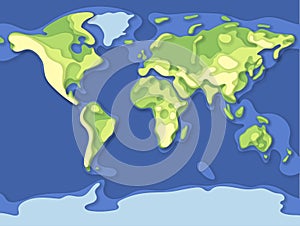 Vector paper earth world map. Modern style 3d blue, green, yellow color illustration of continent with shadows and elevation.