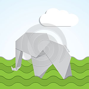 Vector paper origami elephant icon on background witn clouds.