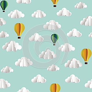 Vector paper seamless pattern with clouds and hot air balloons