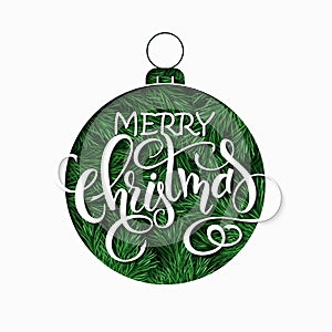 Vector paper sheet with clipped christmas ornament silhouette above fir-tree branches and hand lettering christmas