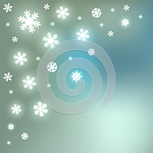 Vector paper Snowflakes in the corner on a blue bokeh fog background.
