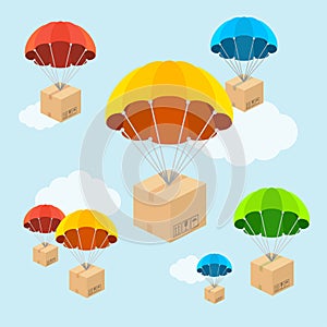 Vector parachute fly with clouds. Flat Design