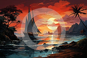 Vector paradise, Palm-fringed shore, sailing yacht against sunset ocean backdrop an idyllic scene