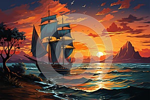 Vector paradise, Palm-fringed shore, sailing yacht against sunset ocean backdrop an idyllic scene