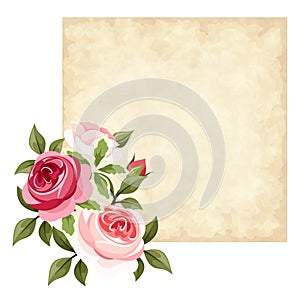 Vector parchment card with red and pink roses.