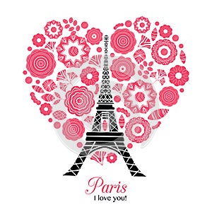 Vector Paris Eifel Tower Bursting With St Valentines Day Red Hearts Of Love. Perfect for travel themed postcards