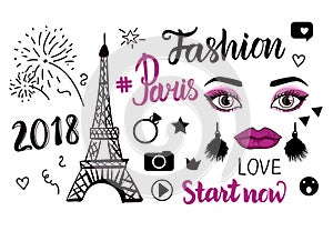 Vector Paris Fashion symbols. Hand drawing Eiffel tower and inscriptions lettering isolated on white background.