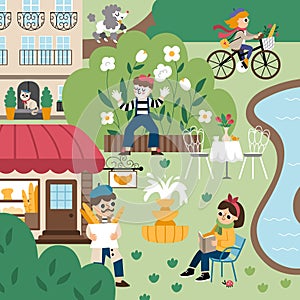 Vector Paris landscape illustration. French capital city scene with people, animals, sights, traditional building, bakery. Cute