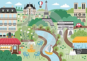 Vector Paris landscape illustration. French capital city scene with sights, buildings, Eiffel tower, bakery. Cute France