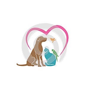 Vector of parrot, cat, dog and hummingbird with pink heart shape on white background. Veterinary icon with pet. Pet Care. Banners