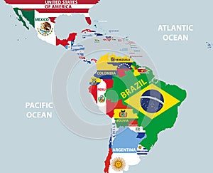 Vector part of world map with region of Latin American countries mixed with their national flags