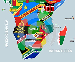 Vector part of world map with region of south african countries mixed with their national flags