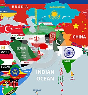 Vector part of world map with west asian, east european, arabic and north african countries mixed with their national flags
