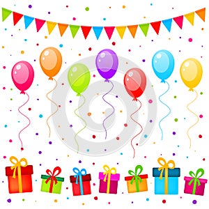 Vector party background with colorful balloons, flags and gifts