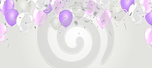 Vector party balloons light pink illustration. Confetti and flag ribbons, Celebration background template