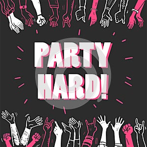 Vector party or concert flayer, invitation, banner, poster design template with crowd, human hands illustration and heading isolat