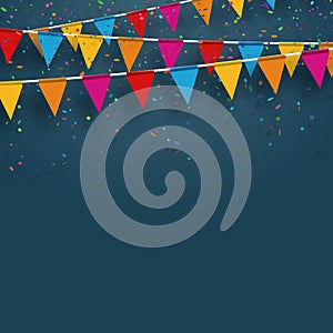 Vector party flags with confetti. Celebrate concept. - Illustration