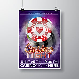 Vector Party Flyer design on a Casino theme with chips and typographyc text on violet background.