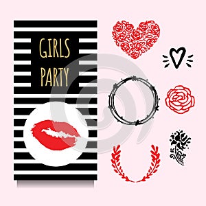 Vector party greeting or invintation card with black and white stripes and red lipstic stamp. Set of decorative elements: hand dra