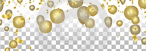 Vector party new balloons gold color illustration. Confetti and ribbons flag ribbons, Celebration background template