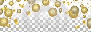 Vector party new balloons gold color illustration. Confetti and ribbons flag ribbons, Celebration background template
