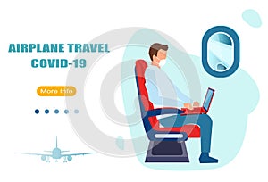 Vector of a passenger wearing face mask traveling by plane during covid-19 pandemic