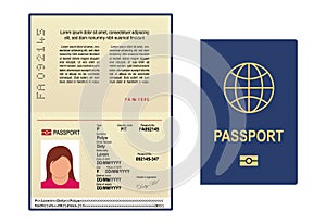 Vector passport template. Open page of visa document with personal photo. International passport icon for legal immigration.