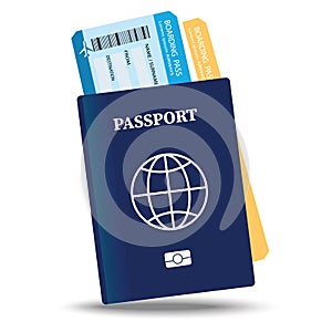 Vector passport with tickets. Air travel concept. Flat Design citizenship ID for traveler isolated. Blue international document -