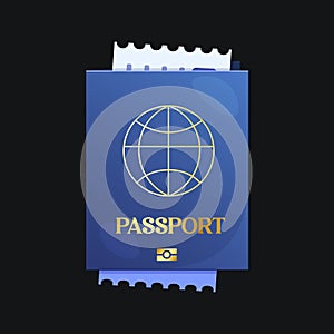 Vector passport with tickets inside isolated on dark background