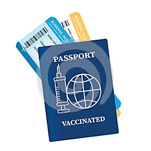 Vector passport vaccinated with tickets. Air travel concept. Flat Design citizenship ID for traveler isolated. Blue international